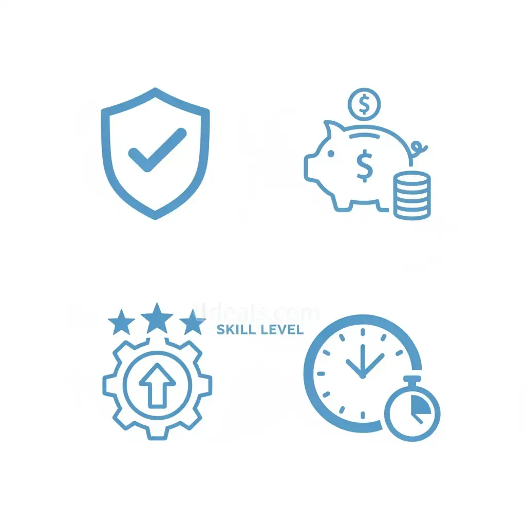 Icons representing reliability, cost savings, skill level, and efficient time management.