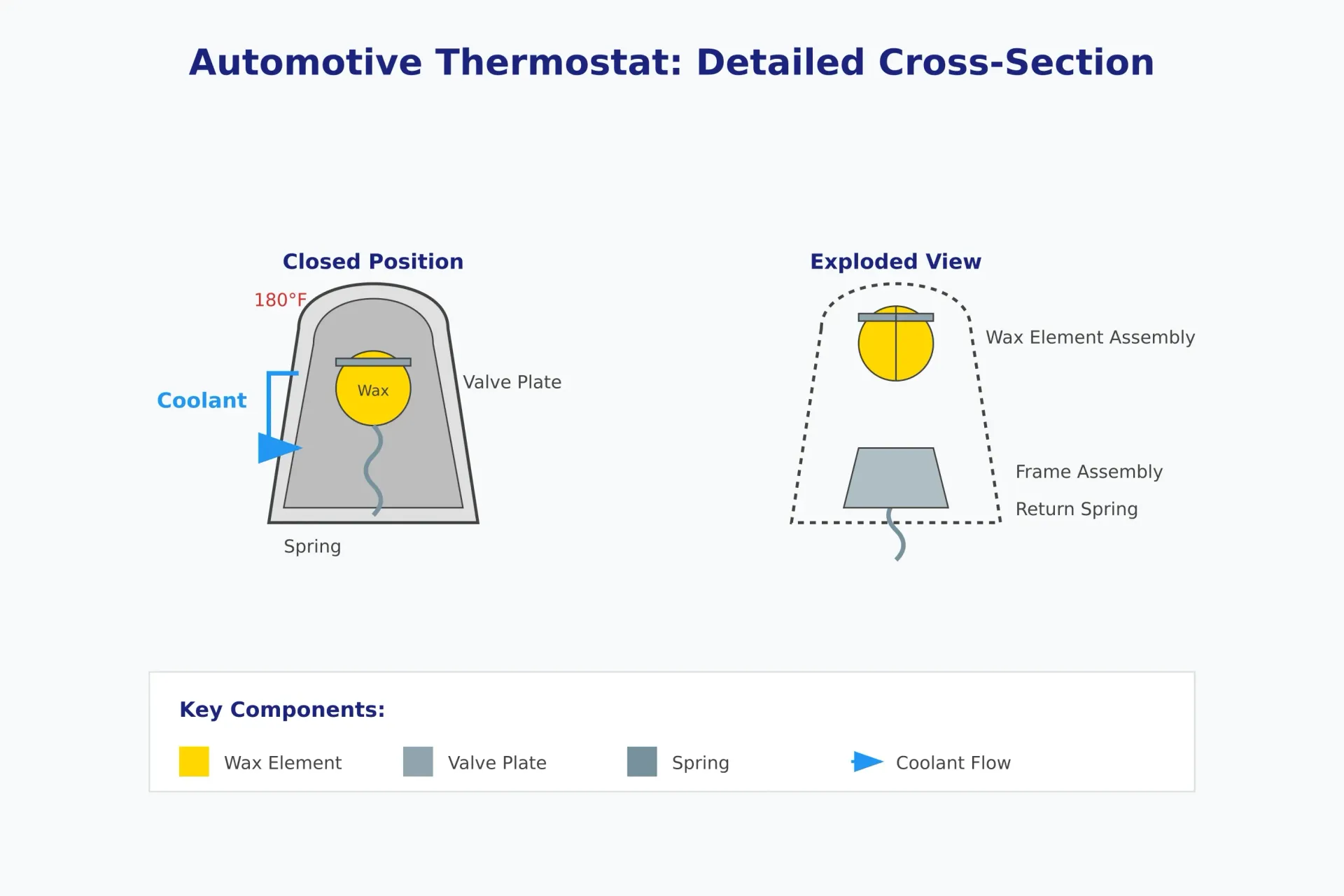 Technical diagram showing car thermostat operation in both cold and hot engine states, with detailed labeling of components including the valve, spring, and coolant flow patterns.