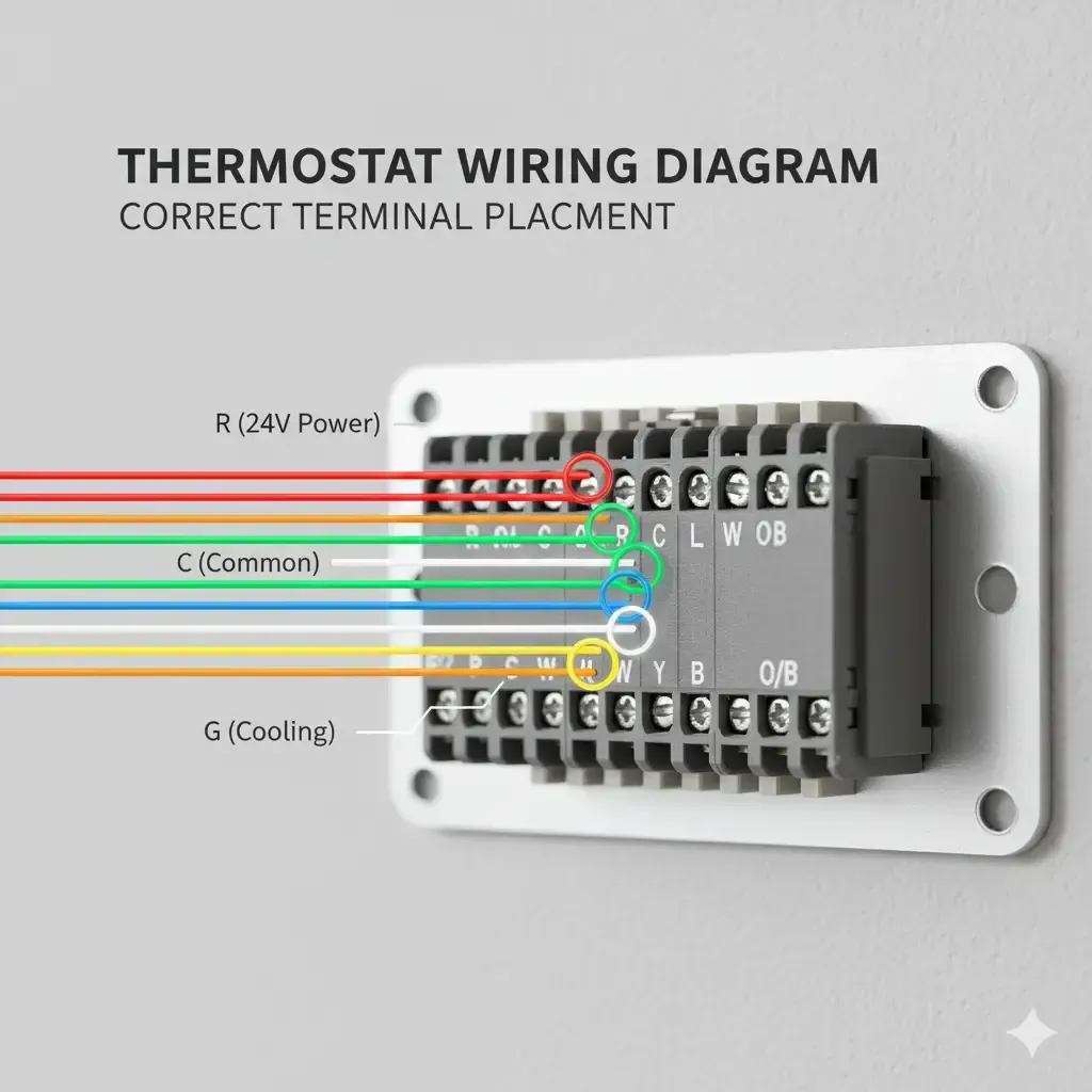 Thermostat wiring diagram showing correct terminal placement for R, C, and G wires.