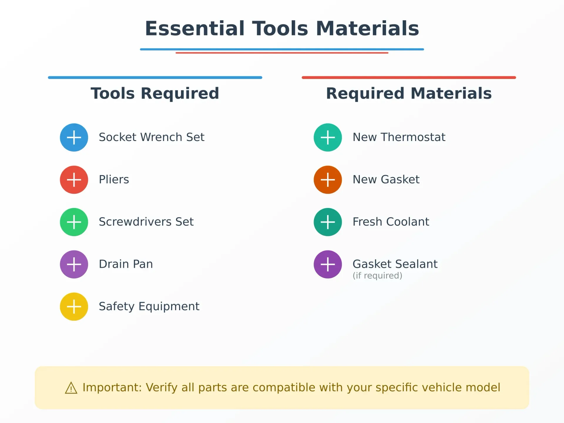 Comprehensive checklist illustration showing required tools and materials for car thermostat replacement, organized in two columns with clear icons and labels.