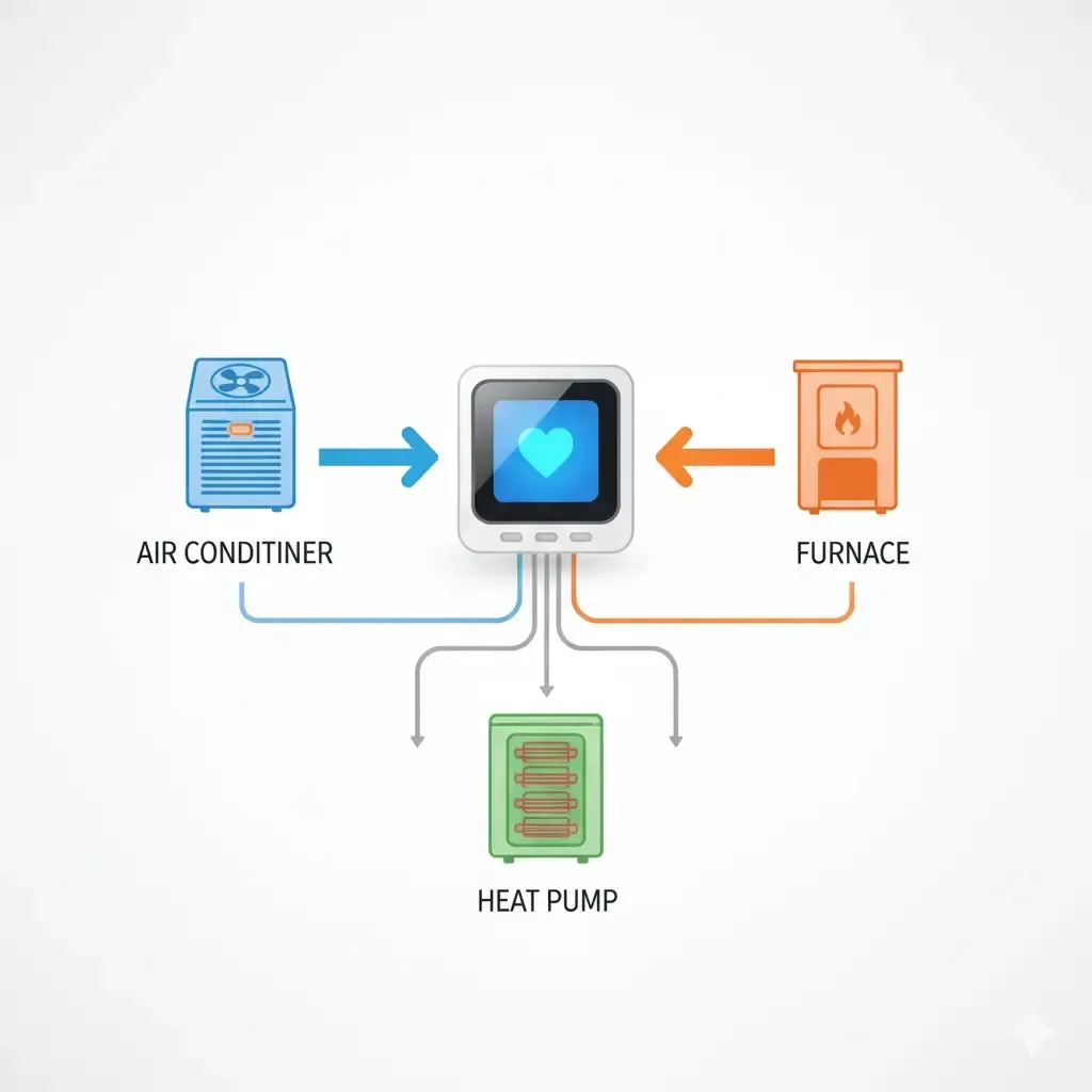 HVAC thermostat diagram connecting air conditioner, furnace, and heat pump systems.