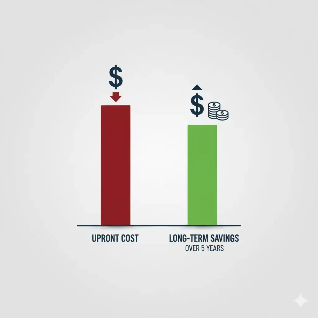 Bar graph comparing high upfront HVAC cost with greater long-term energy savings.