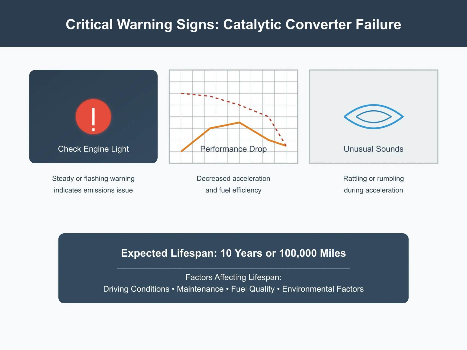 Circular diagram illustrating three main warning signs for catalytic converter replacement: check engine light (red), decreased performance (yellow), and unusual sounds (blue). Shows typical lifespan of 10 years or 100,000 miles with maintenance notes.