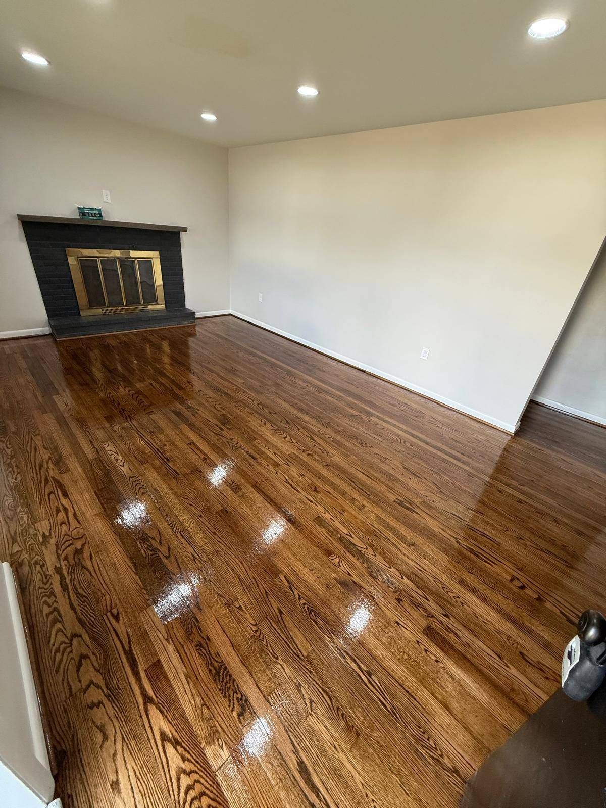 Room with shiny, dark wood floors, white walls, and a fireplace with a black surround and gold doors.