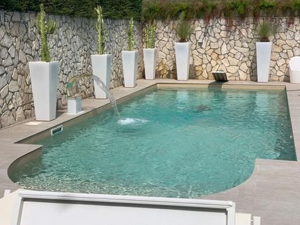Una grande piscina circondata da piante in vaso e un muro in pietra