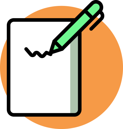 A green pen signing a document on a white notepad, set against an orange circle.