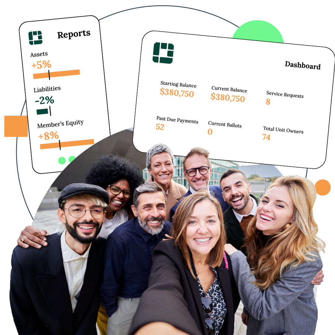 Group selfie with business dashboard overlay, showcasing positive financial data and team success.