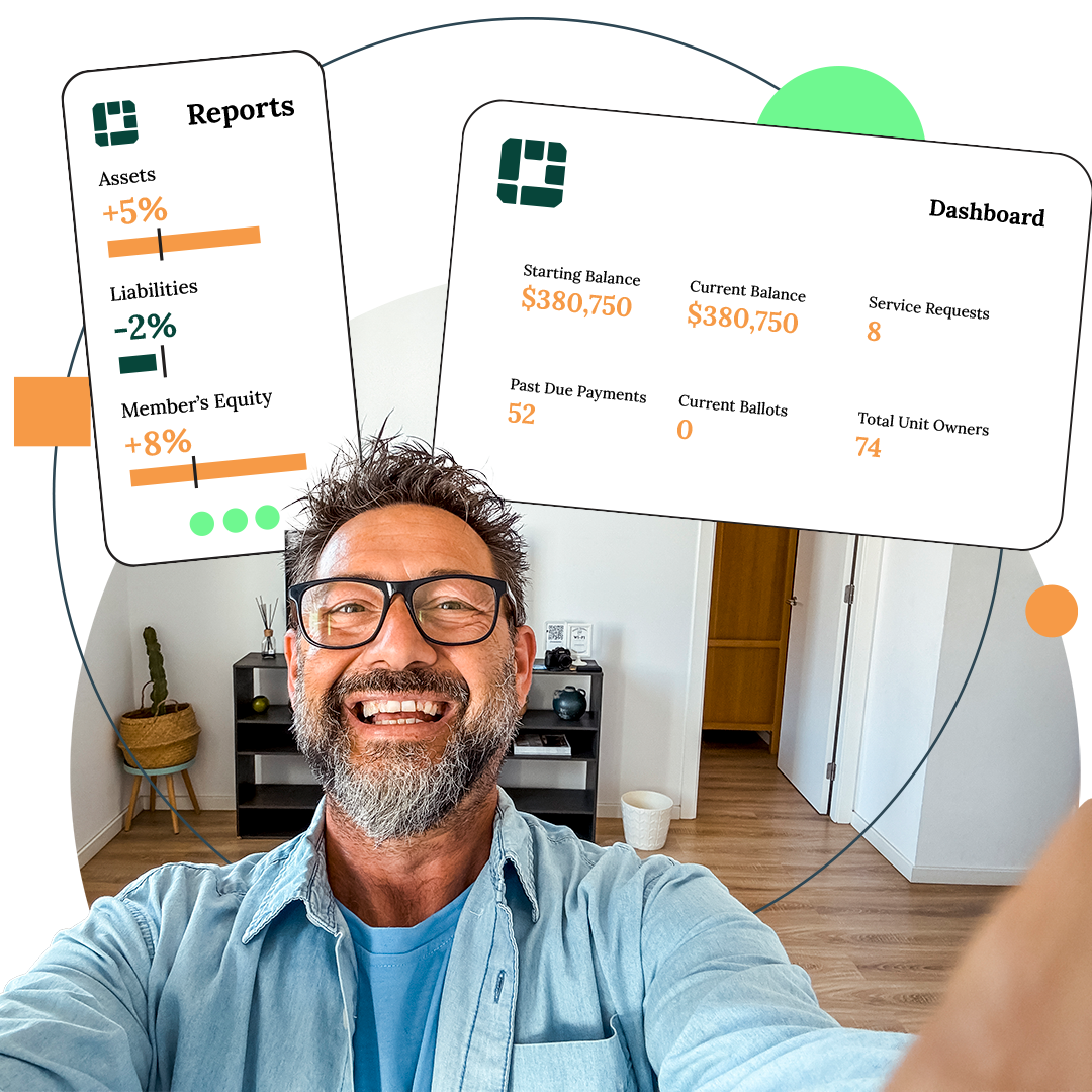 Family smiling, taking a selfie, with financial data graphics overlaid in the background.