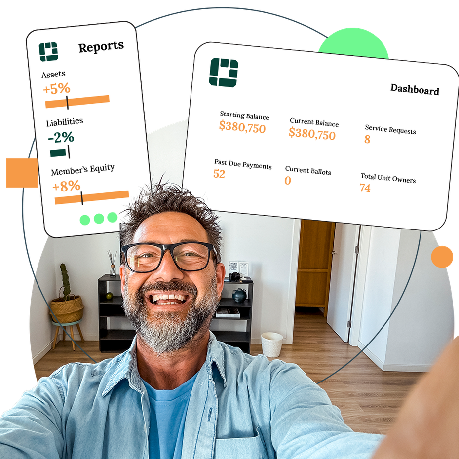 Family smiling, taking a selfie, with financial data graphics overlaid in the background.