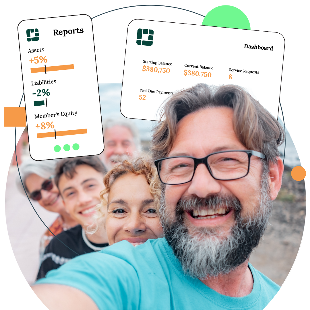 Family smiling, taking a selfie, with financial data graphics overlaid in the background.