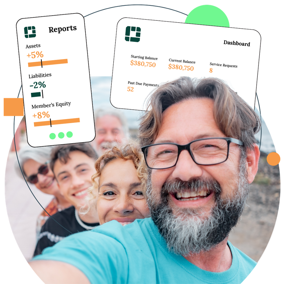 Family smiling, taking a selfie, with financial data graphics overlaid in the background.