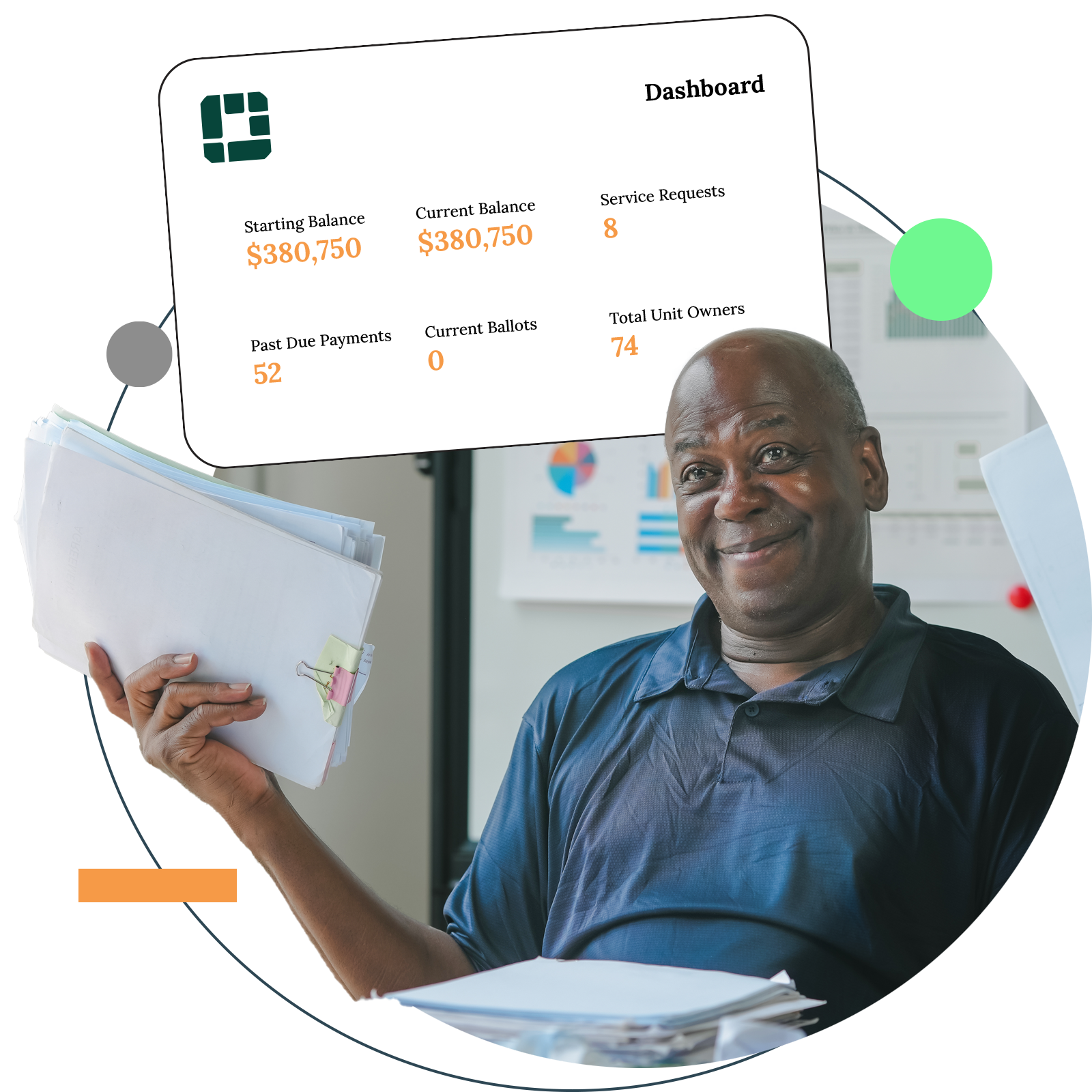 Smiling man holding papers, financial dashboard overlay.