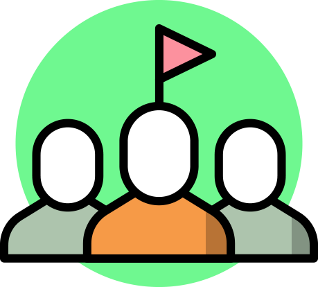 Team of three people, the center person with a flag, symbolizing leadership and goal.