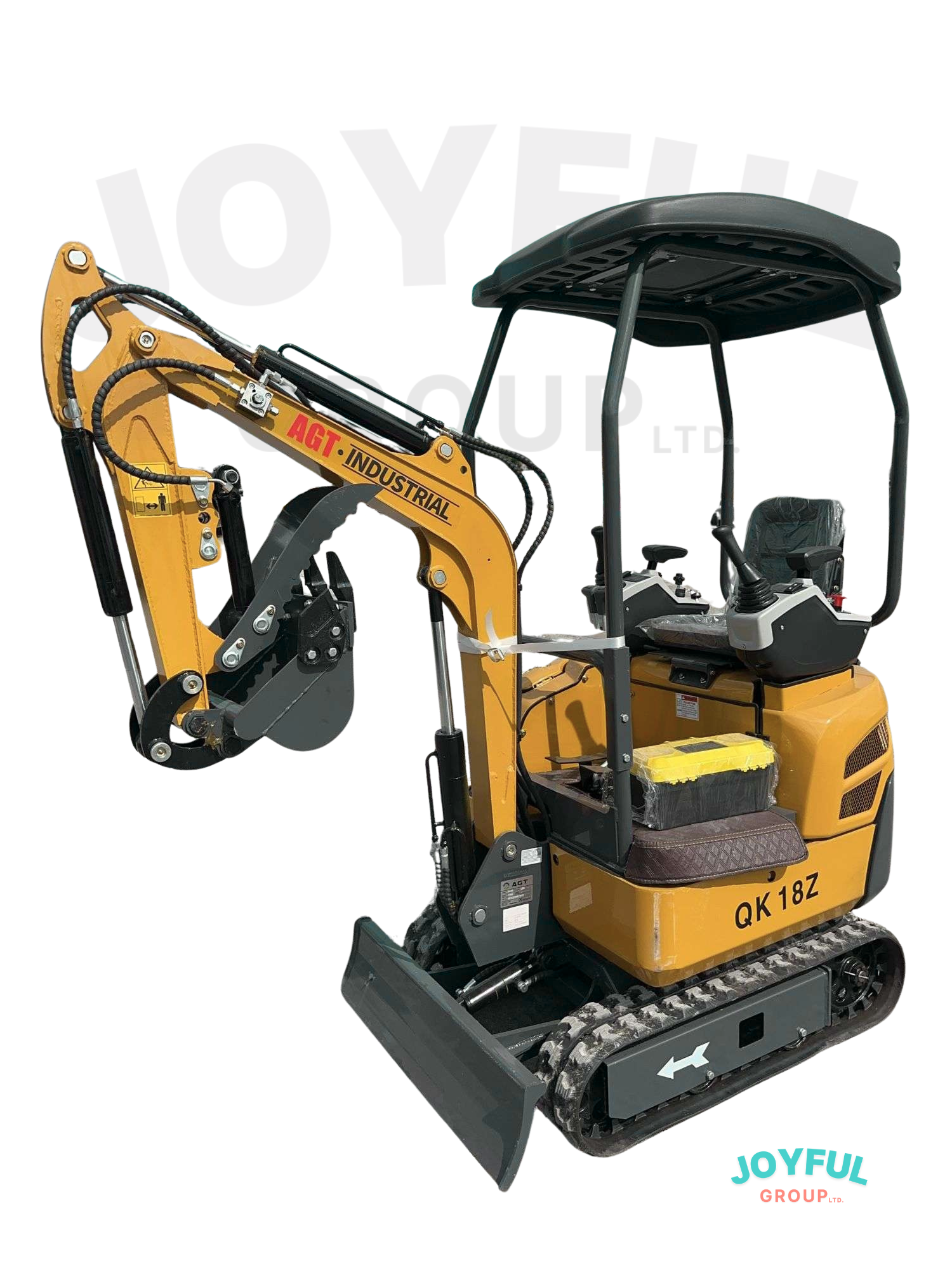 Yellow and black mini excavator with tracks, a protective canopy, and a front blade.