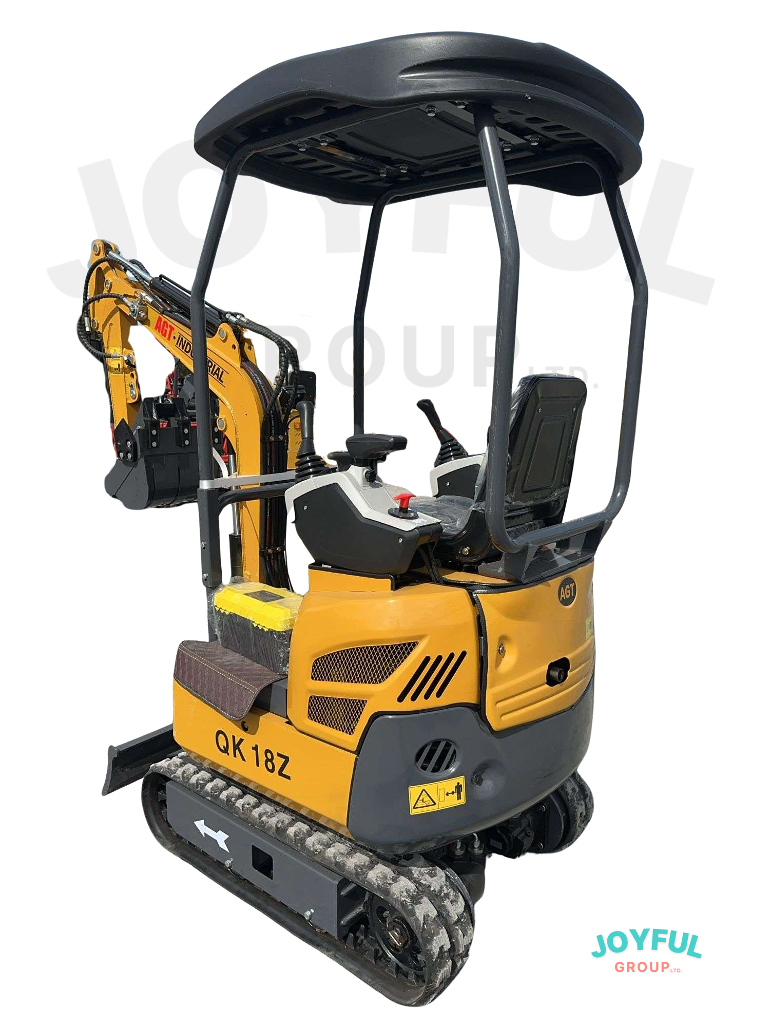 Yellow and black mini excavator with tracks, a protective canopy, and a front blade.