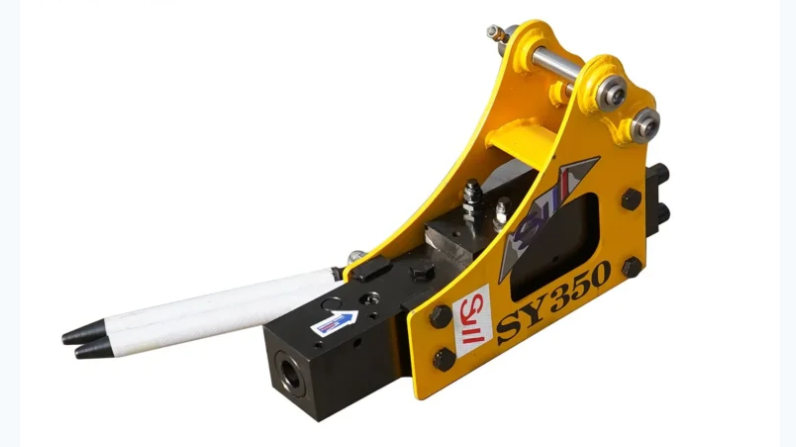 Yellow hydraulic excavator attachment with white grapple tines on a white background