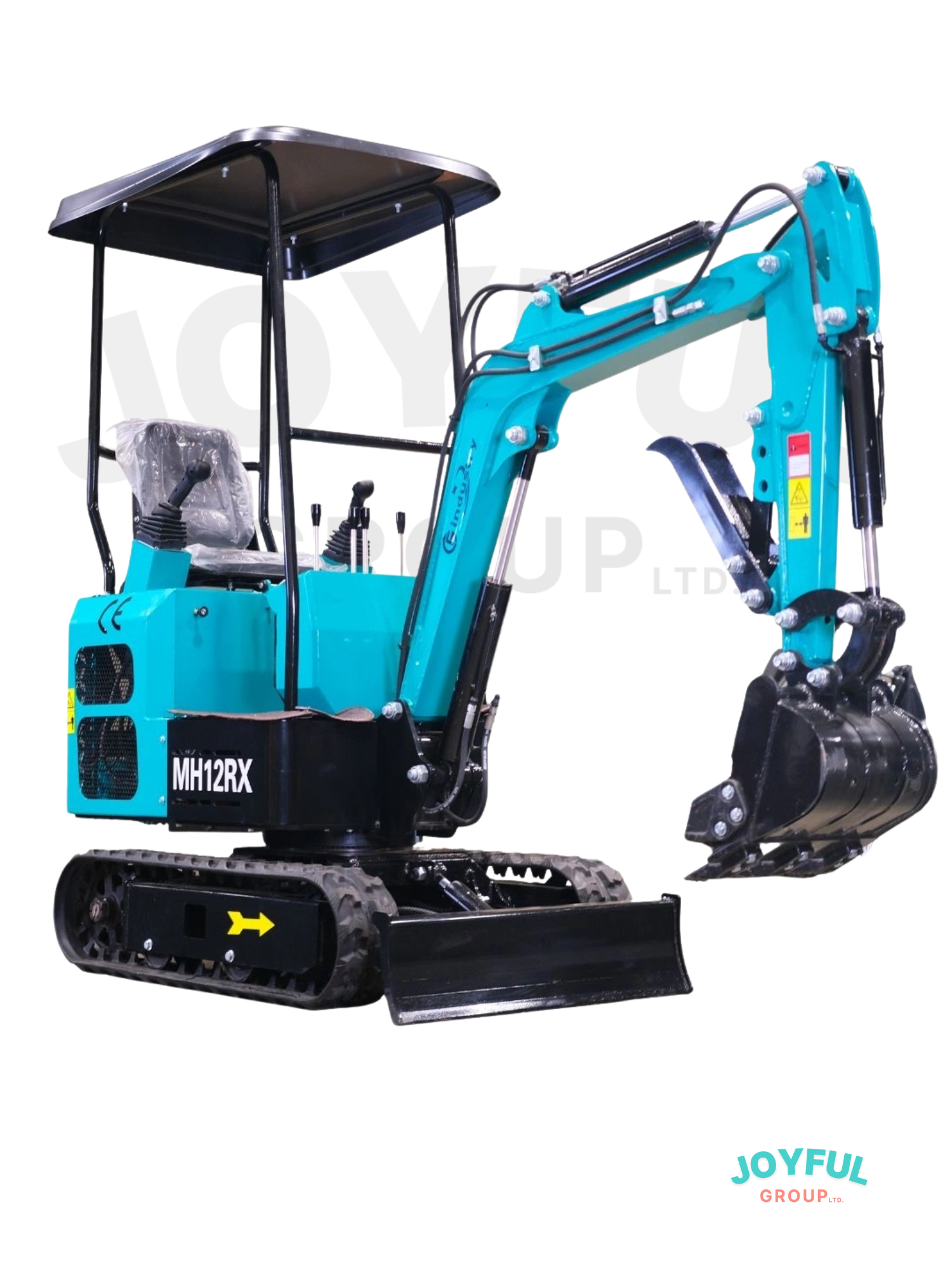 Turquoise mini excavator with black tracks and canopy, scooping.