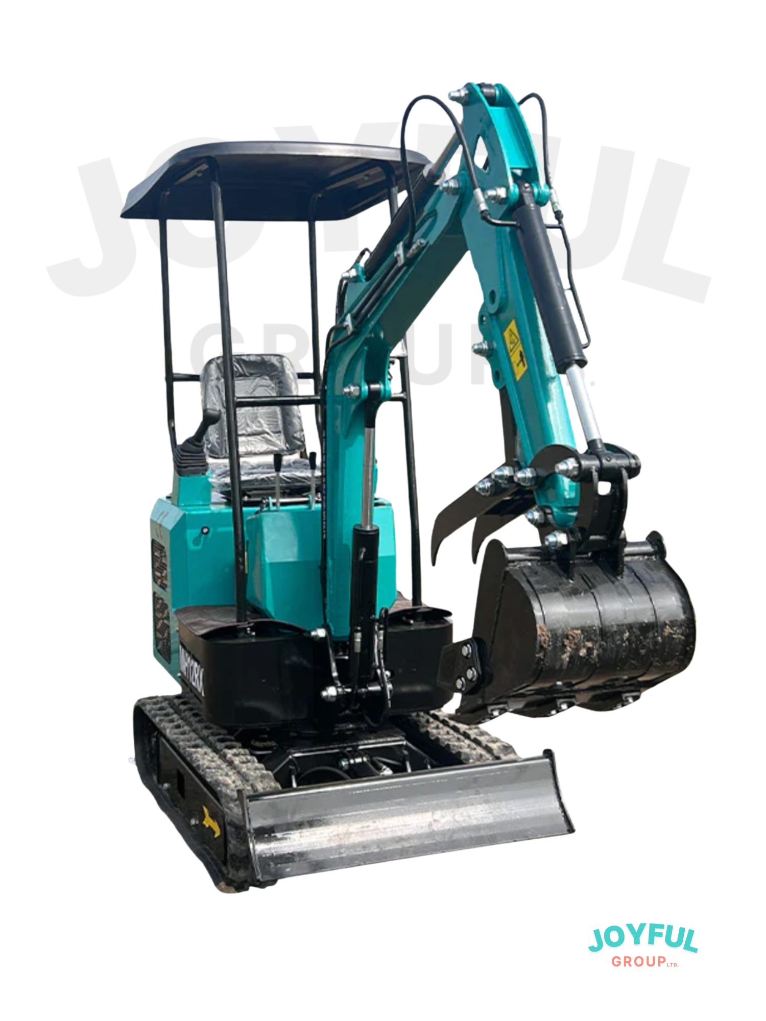 Turquoise mini excavator with black tracks and canopy, scooping.
