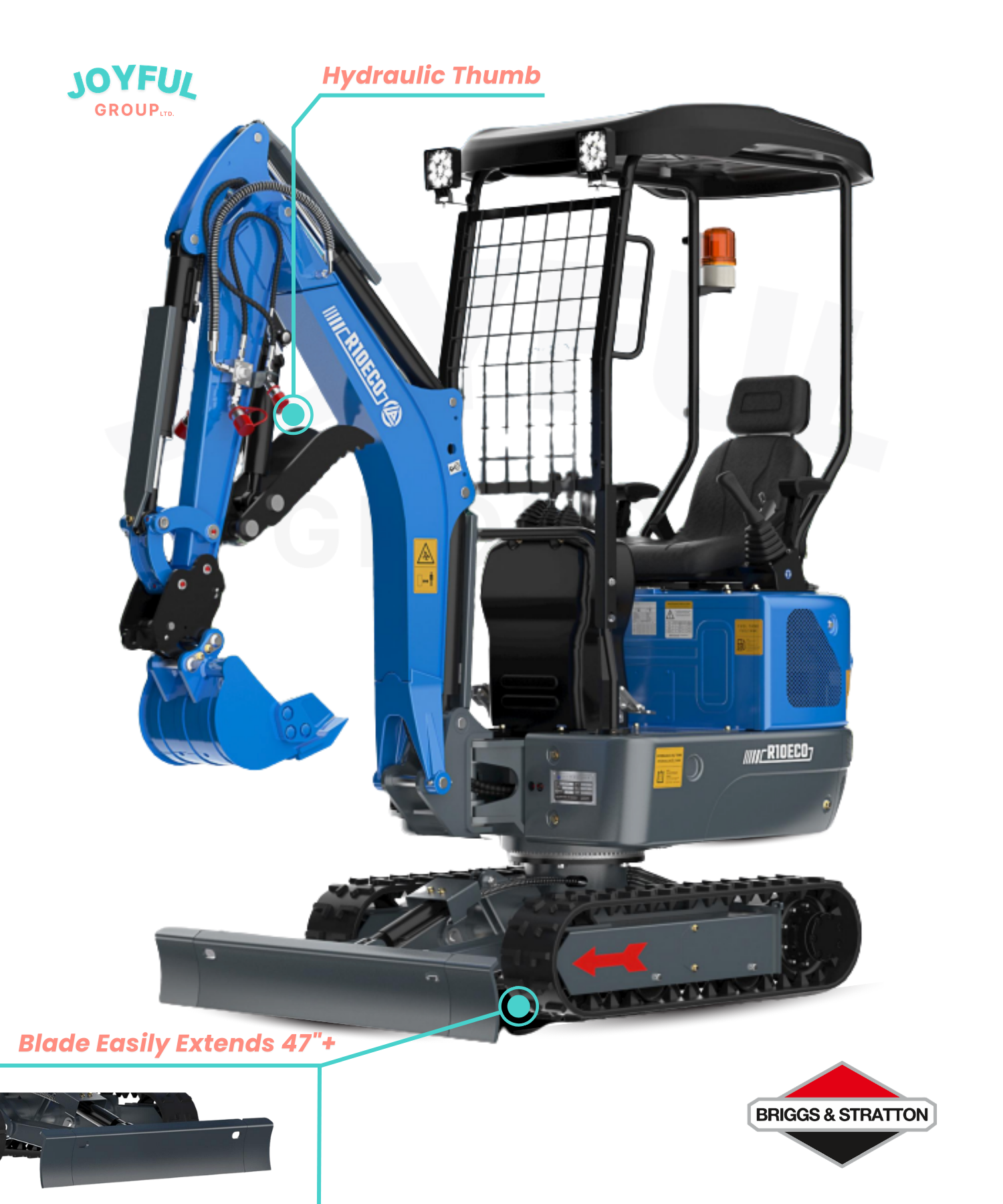 Blue mini excavator with extendable chassis, swing boom, and safety features.