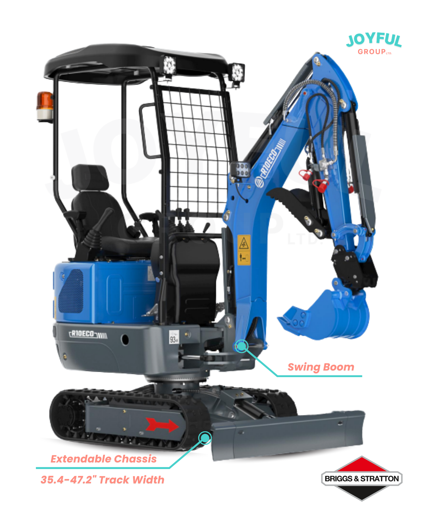 Blue mini excavator with extendable chassis, swing boom, and safety features.