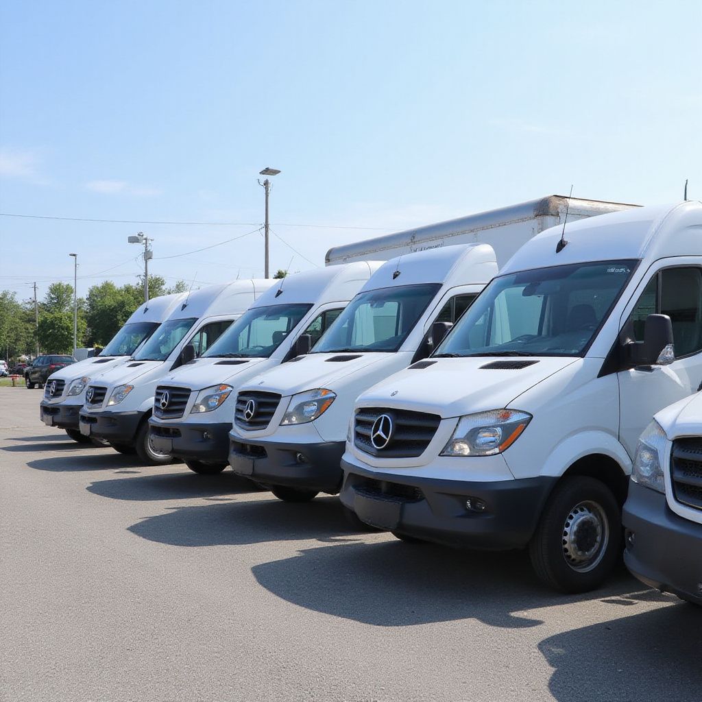 A row of white Mercedes-Benz Sprinter vans parked outdoors on a sunny day.