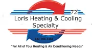 Logo for Loris Heating & Cooling with arrows, text, and a phone number: 843-756-4268.