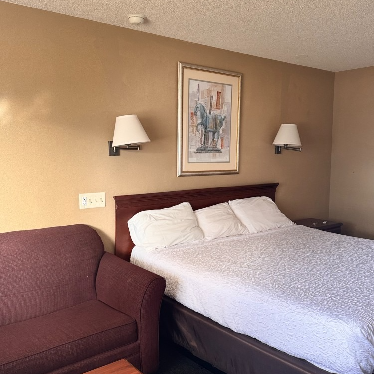 Hotel room with bed, sofa, painting, and wall sconces against a tan wall.