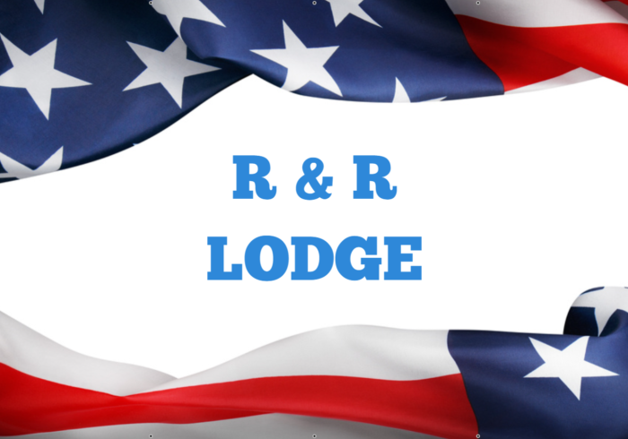 R & R LODGE text with a waving American flag border.
