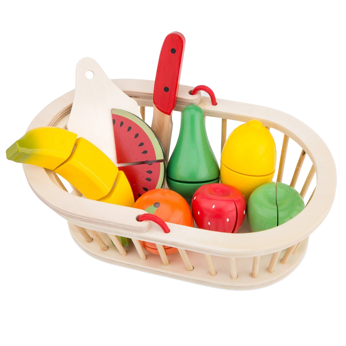 Mooie fruitmand als speelgoed met fruit dat gemaakt is van duurzaam hout