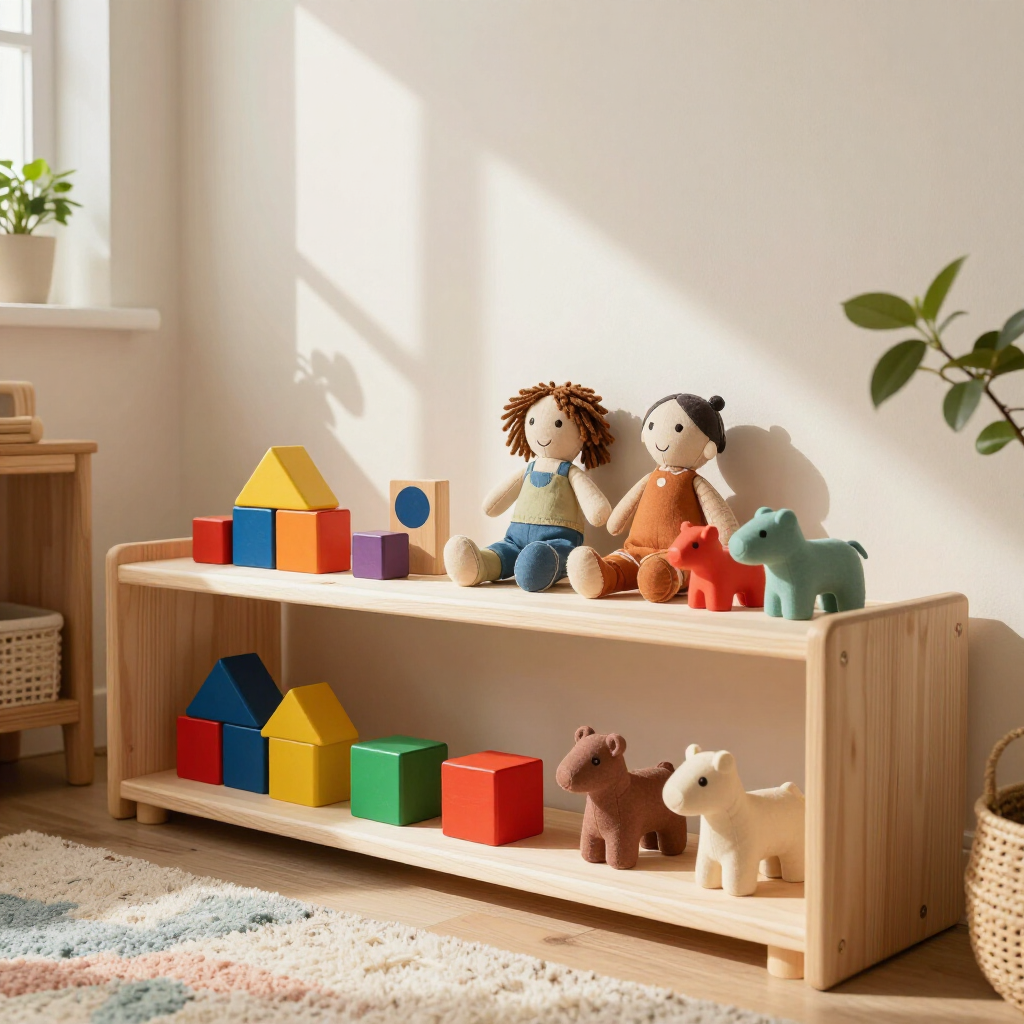 Een lichte houten boekenkast biedt plaats aan kleurrijke bouwblokken, stoffen poppen en dierenfiguurtjes in een lichte, minimalistische kamer.