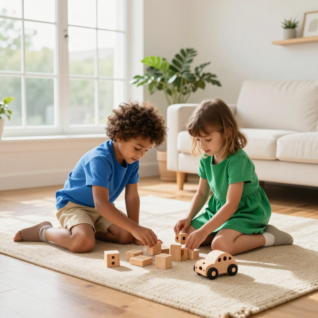 Twee kinderen zitten op een kleed te spelen met houten blokken en een speelgoedauto in een lichte woonkamer.