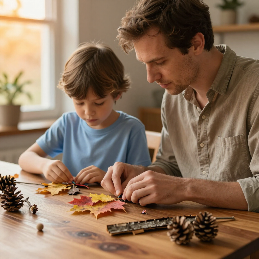 Een ouder en kind zitten aan een houten tafel te knutselen met kleurrijke herfstbladeren, takjes en dennenappels in een zonnige kamer.