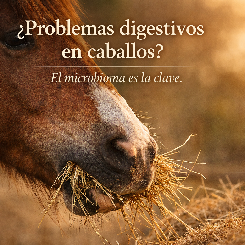 A horse eating hay with the text: