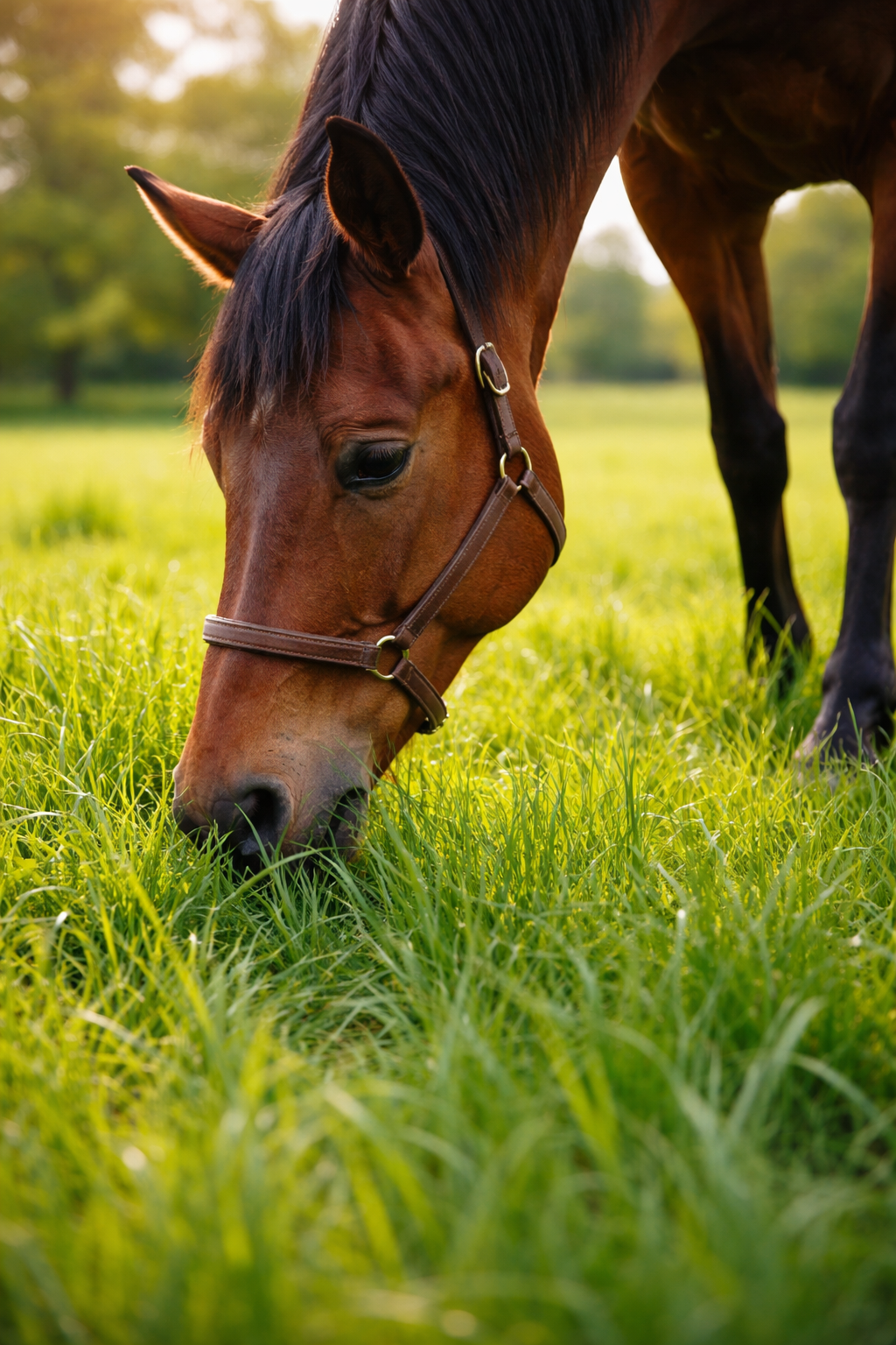 A brown horse wearing a leather halter grazes on lush green grass in a sunlit field.