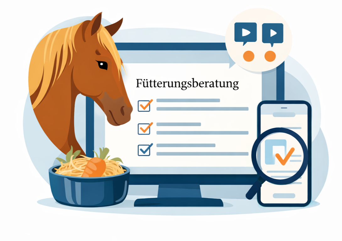Ein Pferd, ein Computerbildschirm mit einer Checkliste, ein Telefon und ein Futternapf. Das Thema dreht sich um Fütterungstipps.