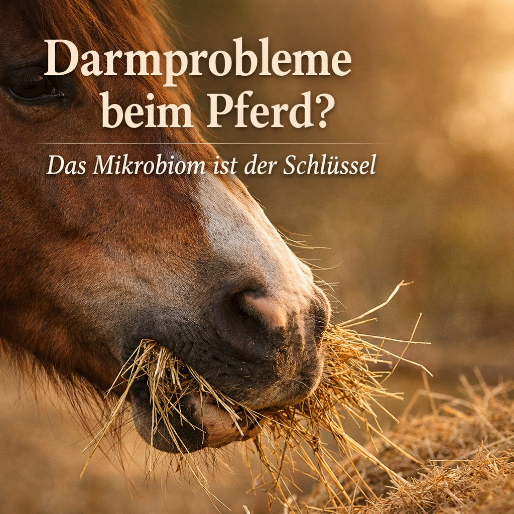 A horse eats hay in warm, golden light. Text reads: