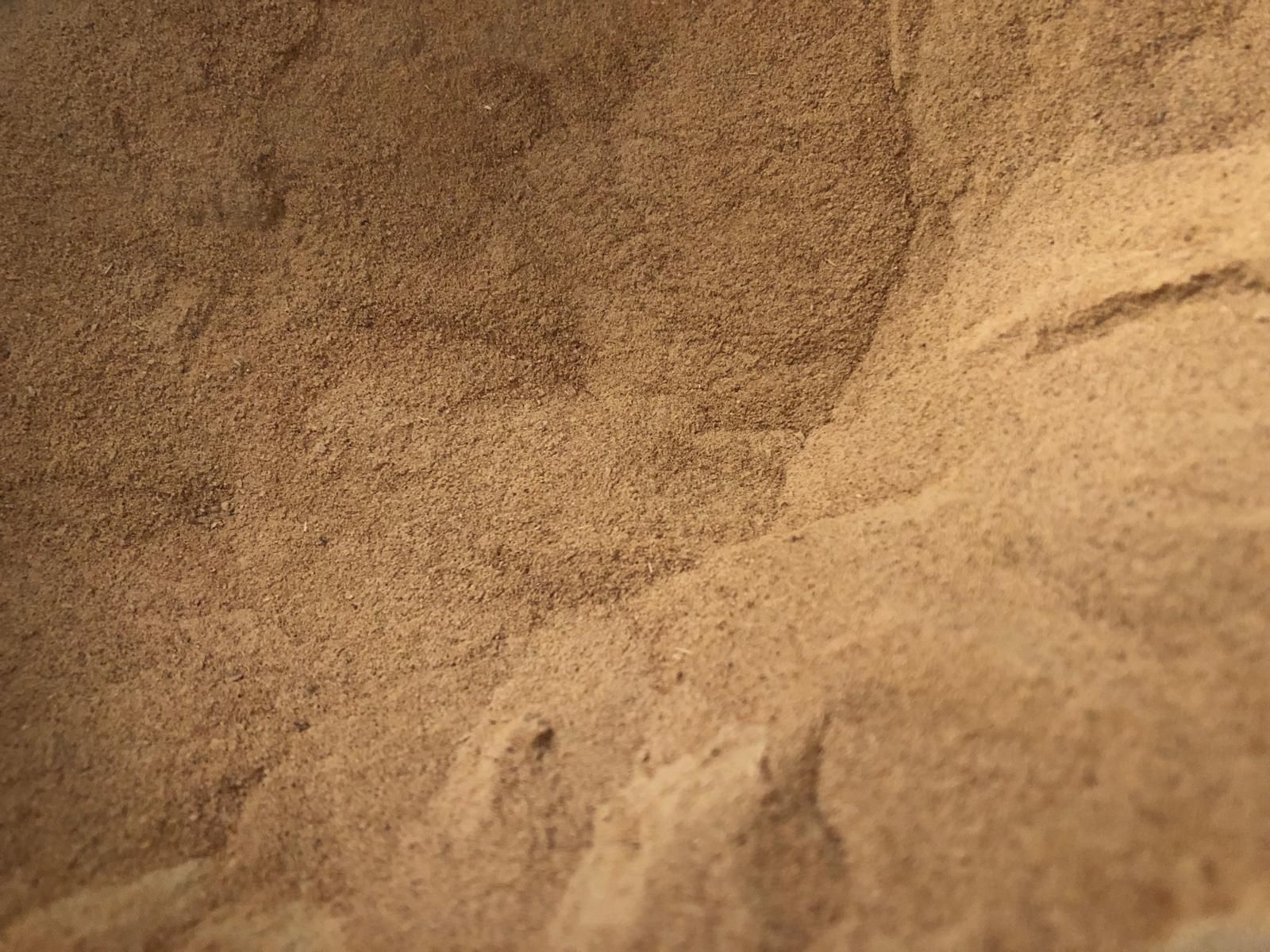 Nahaufnahme von fein gemahlener Bierhefe in Sandtönen; Primer plano de levadura de cerveza molida en tonos arena