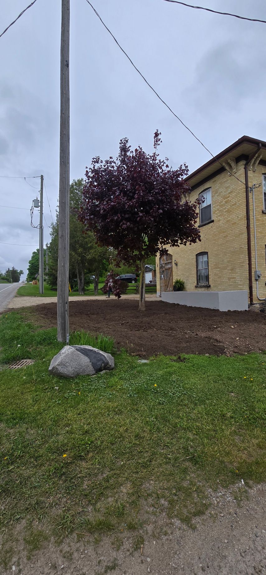 A house with a tree in front of it and a rock in the grass.