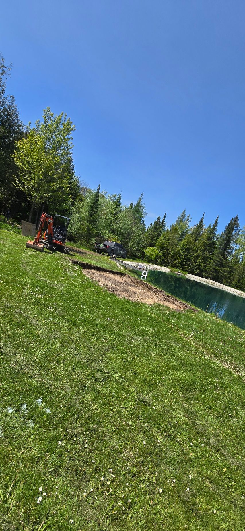 A person is cutting grass in a lush green field next to a swimming pool.