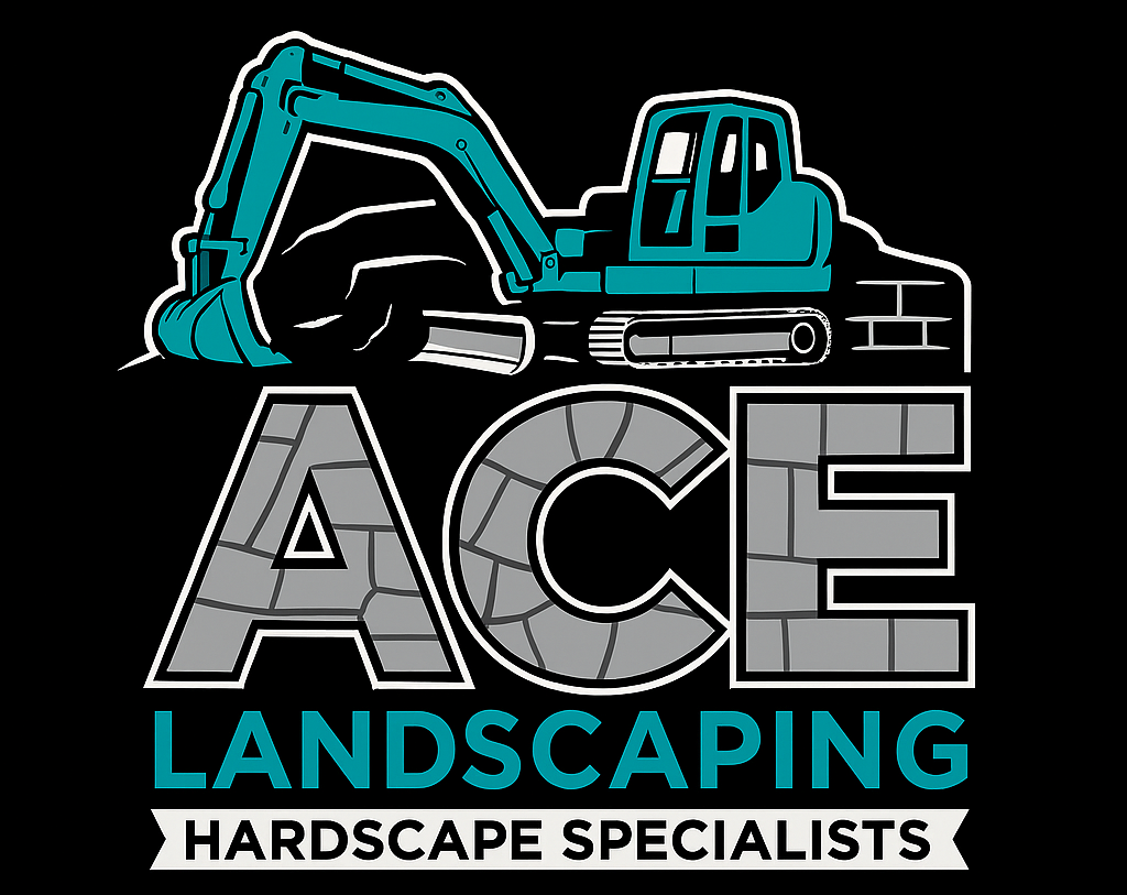 A logo for ace landscaping hardscape specialists