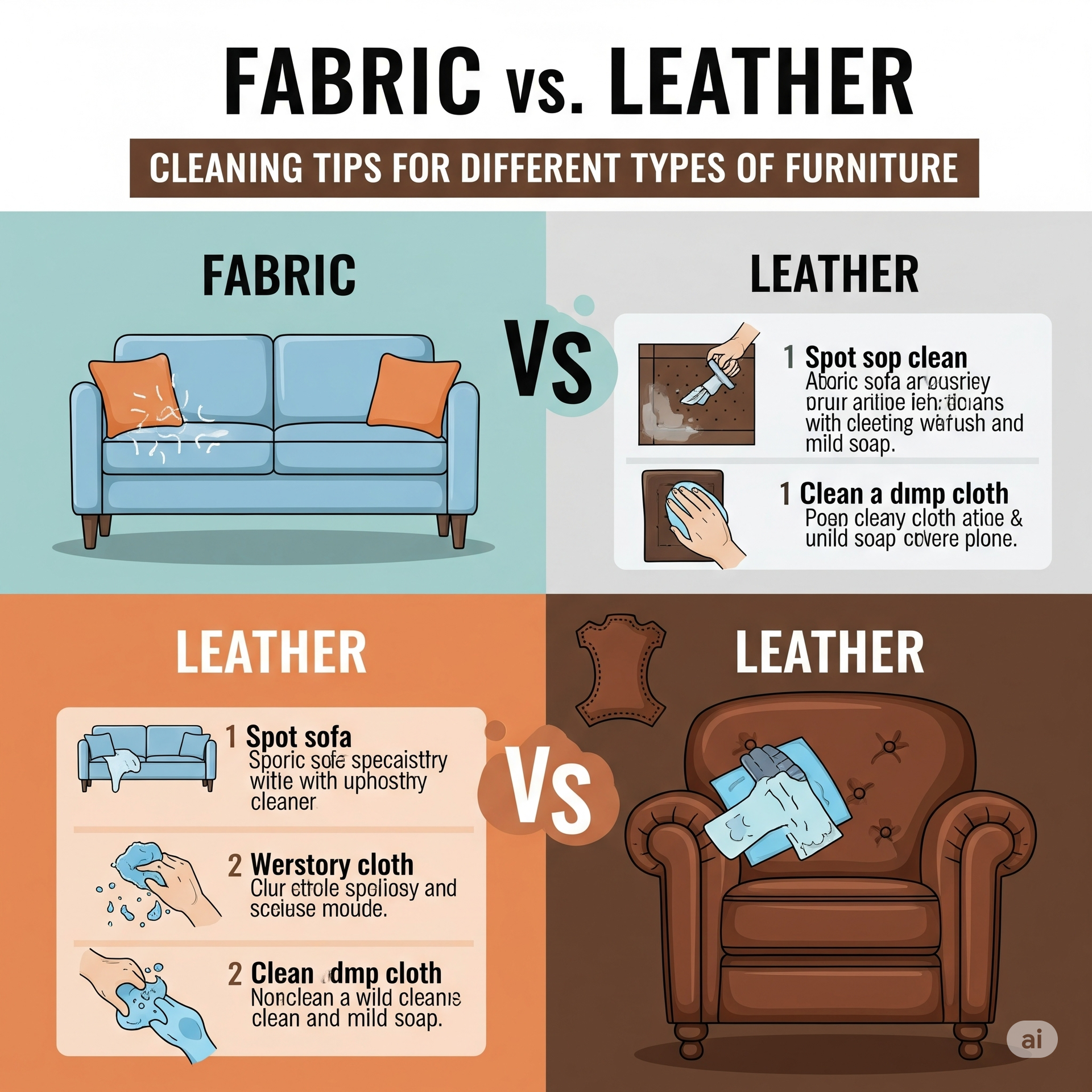 A poster showing fabric and leather cleaning tips for different types of furniture.