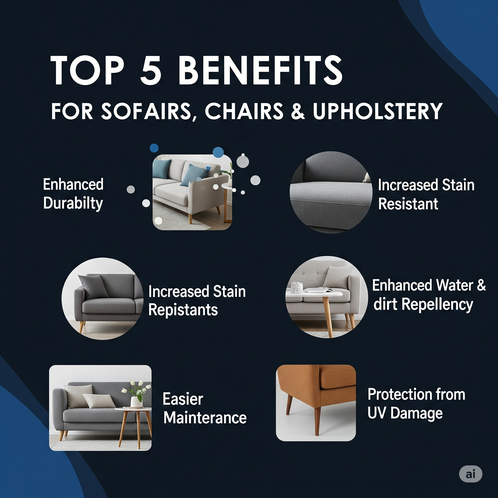 A poster showing the top 5 benefits for sofas , chairs and upholstery