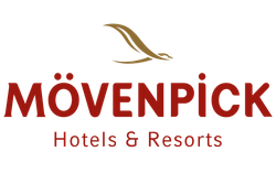 A red and gold logo for mövenpick hotels and resorts