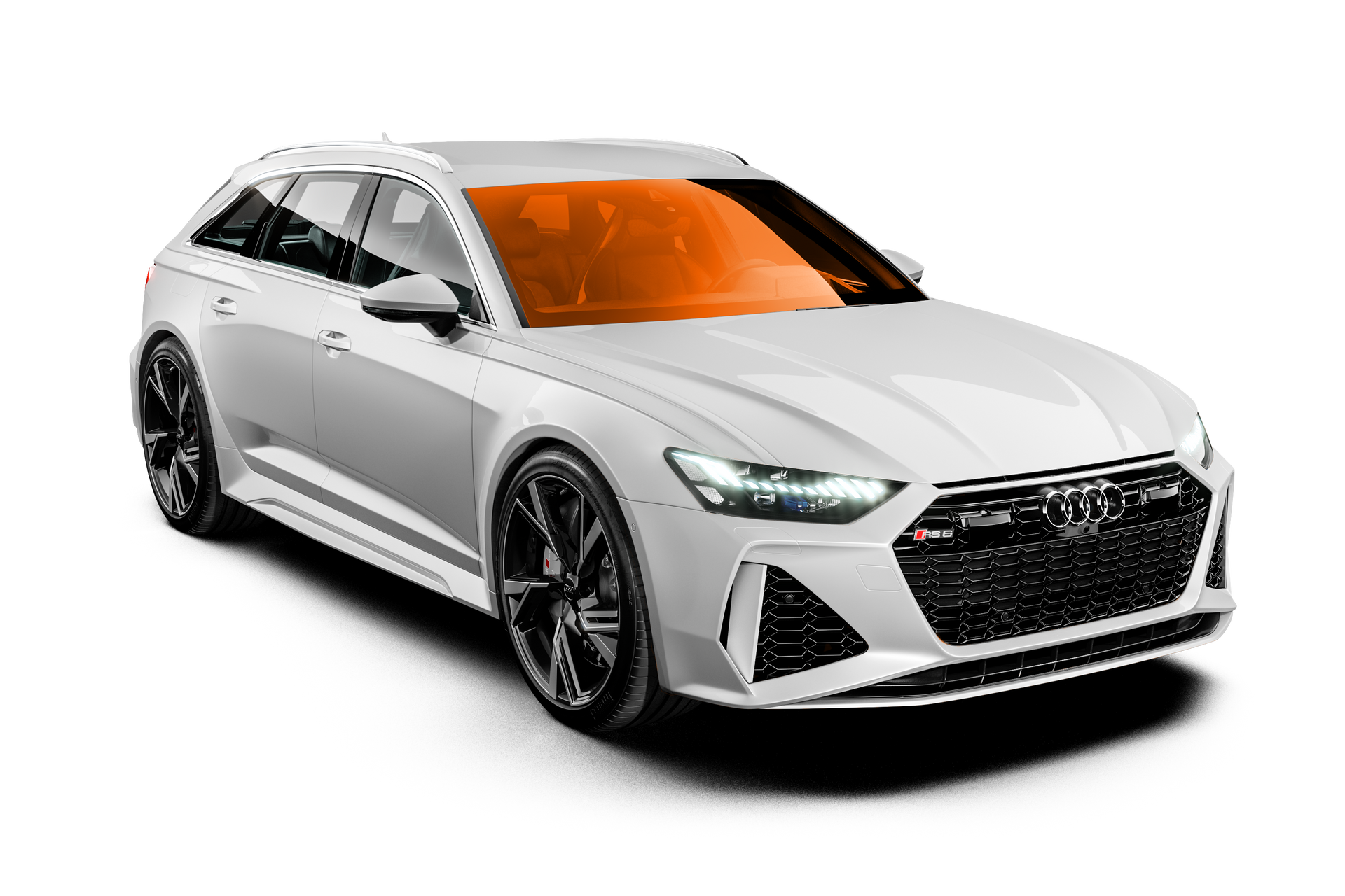 A white audi rs6 avant with a red windshield on a white background.