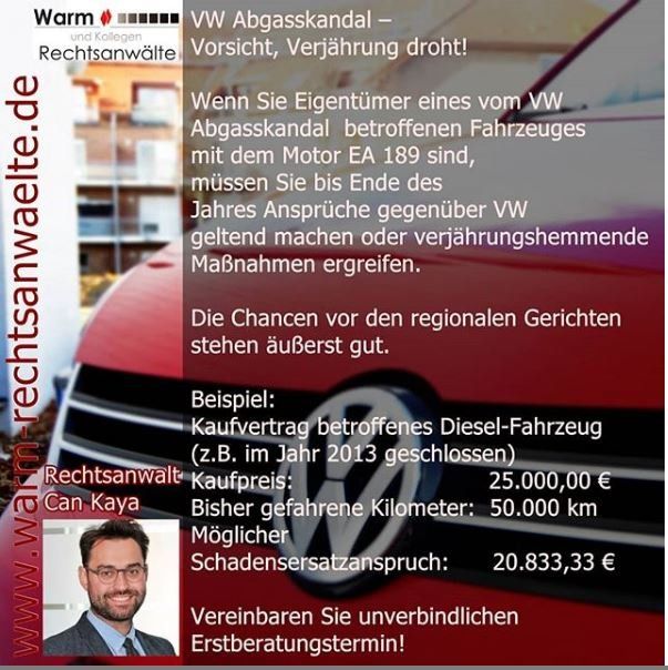 Warm & Kollegen Rechtsanwälte Paderborn: VW Abgasskandal – Vorsicht, Verjährung droht!