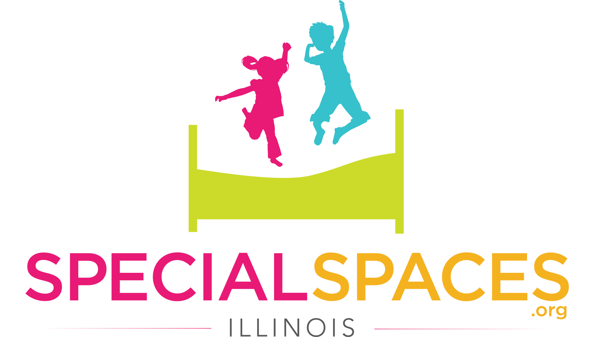 The logo for special spaces illinois shows two children jumping over a bed.