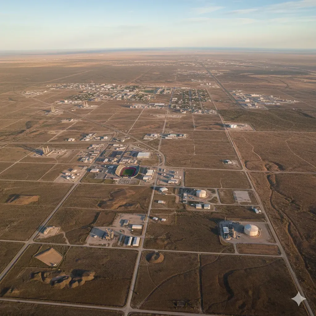 Aerial view of a town in a desert landscape, with industrial buildings and grid-like streets.