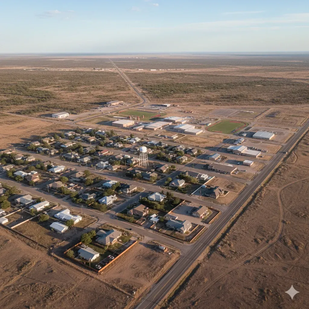 Aerial view of a small town in a dry, brown landscape with houses, buildings, and a water tower.