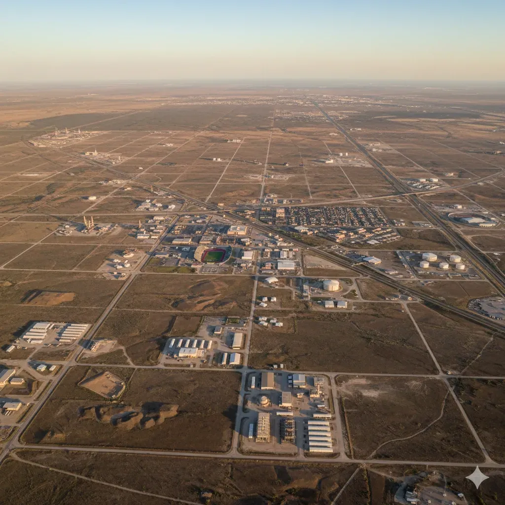 Aerial view of an industrial landscape in a desert setting, with buildings, roads, and storage tanks.