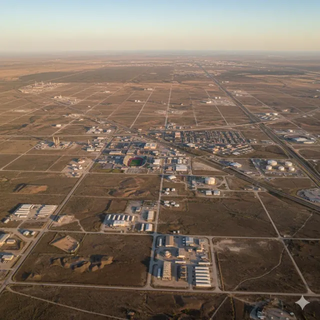 Aerial view of an industrial complex in a barren landscape, including buildings, roads, and tanks under a clear sky.